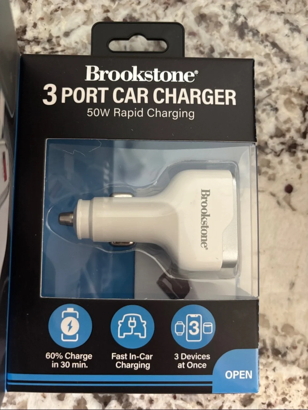 Brookstone White 3-Port Car Charger with USB-C and USB-A Ports